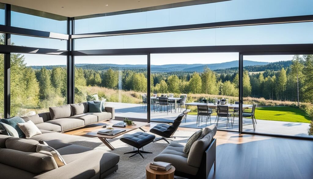 Enormous picture windows in an energy-efficient home Home Designed For Sustainable Living