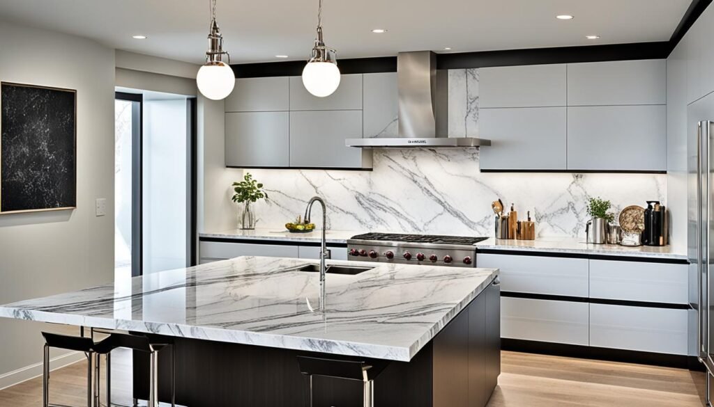 marble walls in modern kitchen