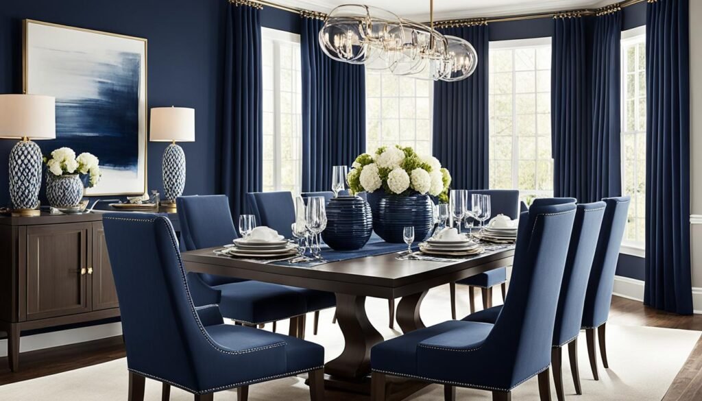 navy and greige dining room