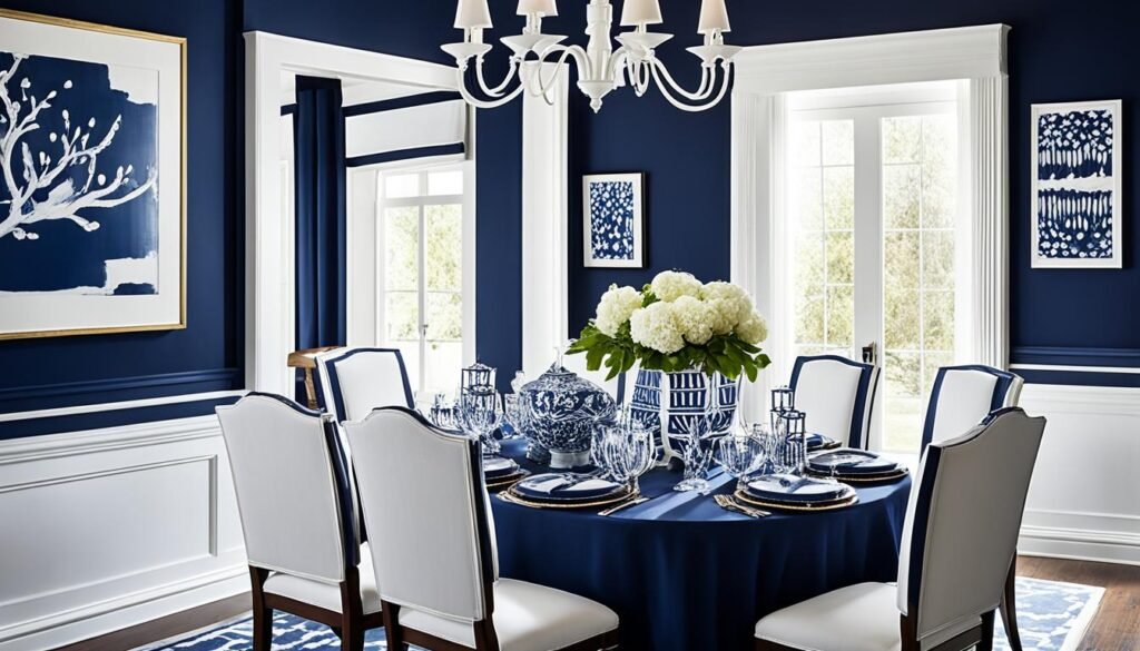 navy and white dining room